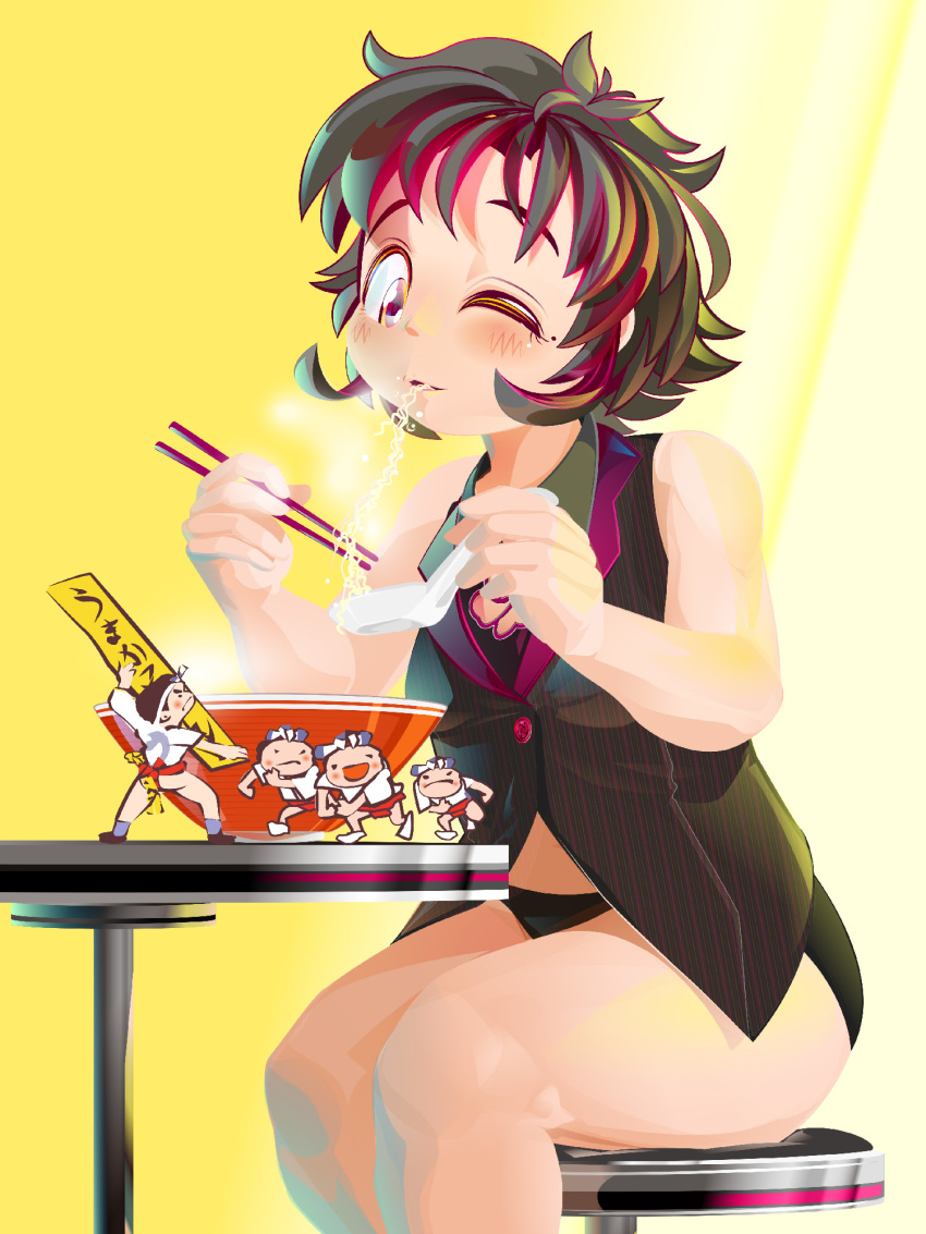 1girl amoretta_(yukiman) bangs black_hair black_panties black_shirt black_vest bowl breasts brown_eyes character_request chinese_spoon chopsticks collared_shirt commentary_request crop_top eating feet_out_of_frame food highres holding holding_chopsticks holding_spoon medium_breasts mole mole_under_eye multicolored_hair noodles one_eye_closed open_mouth original panties ramen redhead shirt sitting sleeveless sleeveless_shirt spoon stool streaked_hair table two-tone_hair underwear vest yukiman