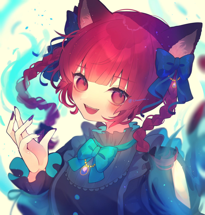 1girl animal_ears black_bow black_shirt blue_bow blush bow braid brooch cat_ears chikuwa_(tikuwaumai_) fangs fingernails frills hair_bow hand_up highres hitodama jewelry kaenbyou_rin long_fingernails long_hair long_sleeves looking_at_viewer open_mouth purple_nails red_eyes redhead shirt smile solo touhou twin_braids twintails twitter_username upper_body