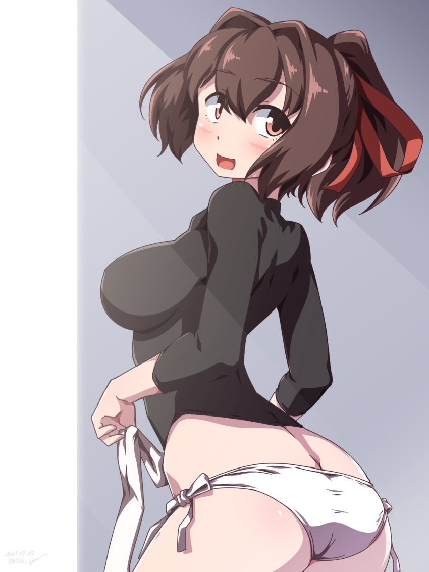 1girl 547th_sy ass bangs blush breasts brown_eyes brown_hair dated eyebrows_visible_through_hair from_behind hair_between_eyes hair_ribbon head_tilt highres ise_(kancolle) kantai_collection large_breasts long_sleeves open_mouth panties ponytail ribbon side-tie_panties signature simple_background solo undershirt underwear white_panties