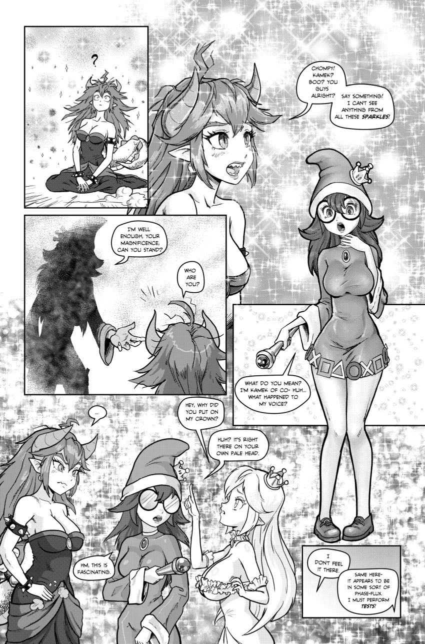 3girls blue_dress bowsette breasts dress greyscale highres horns kamek large_breasts super_mario_bros. monochrome multiple_girls new_super_mario_bros._u_deluxe princess_king_boo staff super_crown tony_kuusisto white_dress