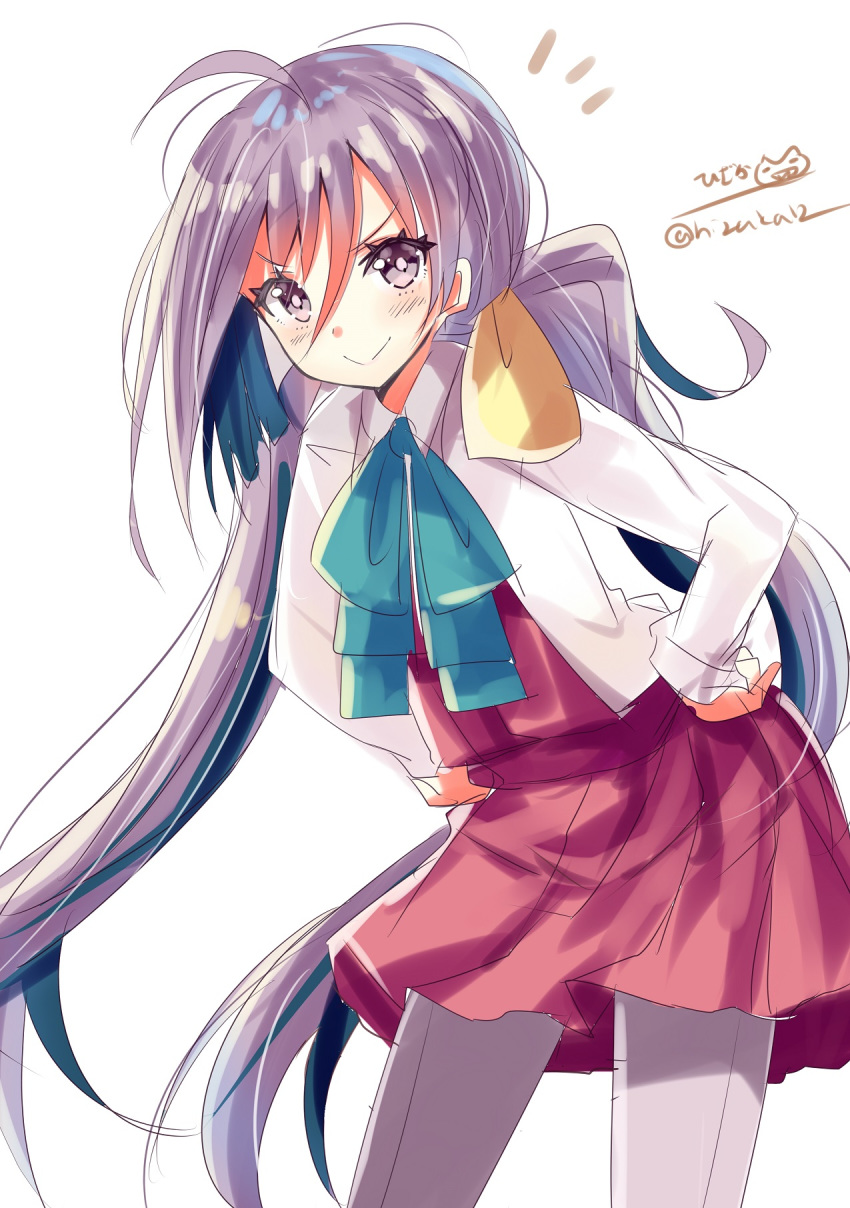 1girl blue_hair blush bow bowtie dress grey_eyes grey_hair grey_legwear hair_between_eyes hair_bun hair_ribbon halterneck highres hizaka kantai_collection kiyoshimo_(kantai_collection) long_hair long_sleeves looking_at_viewer low_twintails multicolored_hair pantyhose ribbon shirt simple_background smile solo twintails twitter_username very_long_hair white_background white_shirt