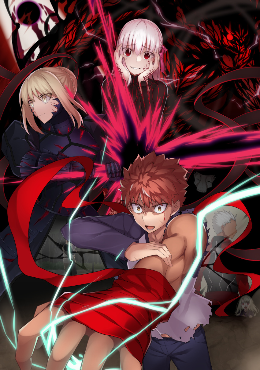 2boys 2girls absurdres armor armored_dress artoria_pendragon_(all) bangs blonde_hair breasts commentary dark_persona dark_sakura dark_skin dress emiya_shirou evil_grin evil_smile eyebrows_visible_through_hair fate/stay_night fate_(series) grin hair_ribbon heaven's_feel highres horns itame_moyashi lightning long_hair looking_at_viewer mask matou_sakura multiple_boys multiple_girls open_mouth red_eyes redhead ribbon saber_alter short_hair skull_mask smile spoilers sword tagme true_assassin weapon white_hair yellow_eyes