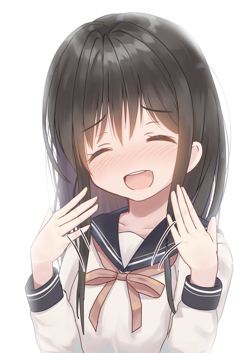 1girl :d ^_^ bangs black_hair black_sailor_collar blush brown_ribbon closed_eyes collarbone eyebrows_visible_through_hair facing_viewer fanning_face fanning_self hands_up highres long_hair long_sleeves mimikaki_(men_bow) neck_ribbon nose_blush open_mouth original ribbon round_teeth sailor_collar school_uniform serafuku shirt simple_background smile solo teeth upper_body upper_teeth white_background white_shirt