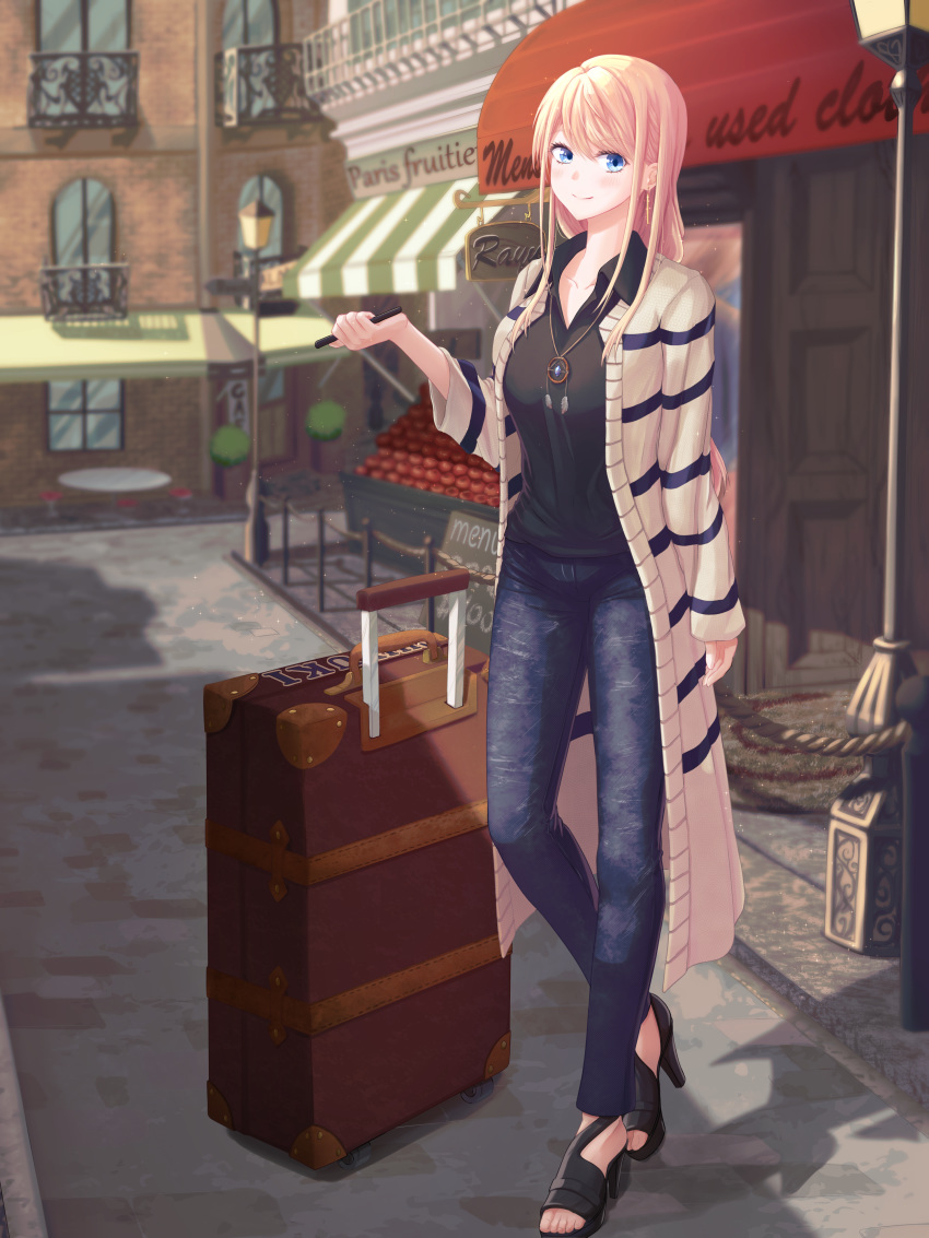 1girl absurdres apple arm_at_side awning black_shirt blonde_hair blue_eyes blue_pants blurry blurry_background chiyuki_fujito day denim food fruit hand_up high_heels highres jacket jeans jewelry lamppost long_hair long_neck luggage necklace outdoors pants pen rayu_(snowwhite_ki) runway_de_waratte shadow shirt smile solo standing
