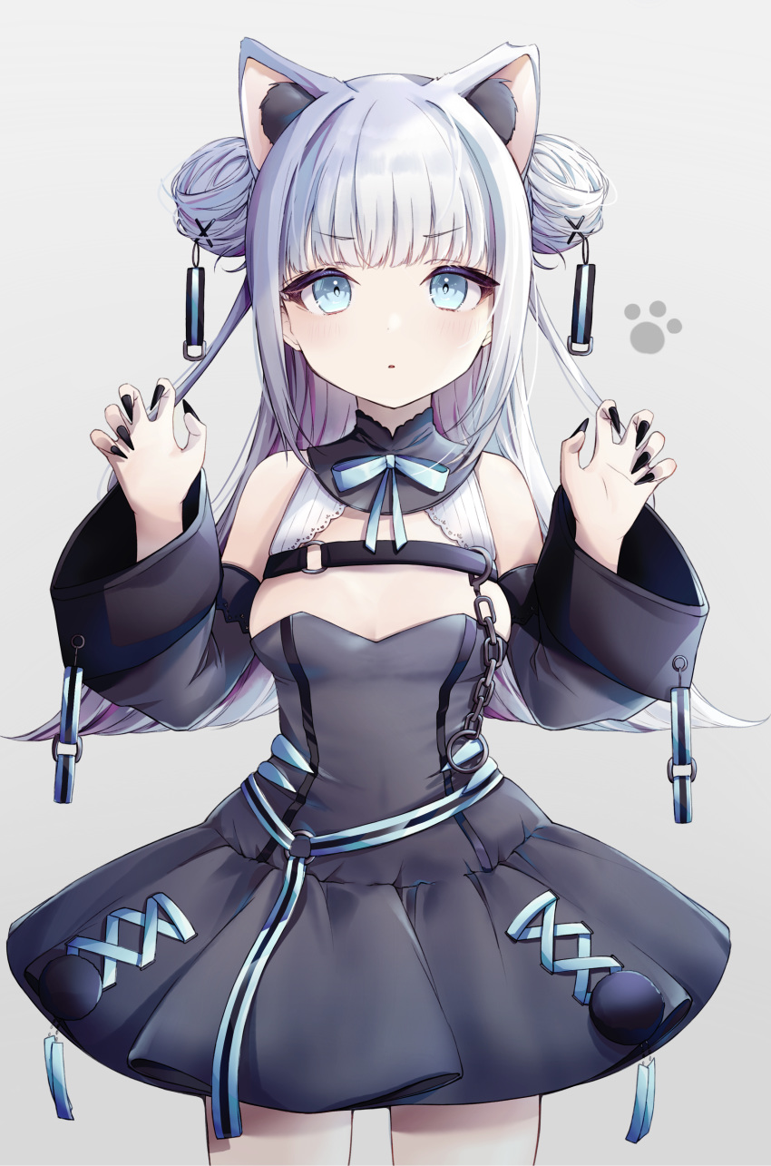 1girl absurdres animal_ear_fluff animal_ears black_nails breasts cat_ears chain claw_pose commentary_request detached_sleeves double_bun dress fingernails grey_background grey_dress grey_hair grey_sleeves hair_ornament hands_up highres long_fingernails long_hair long_sleeves looking_at_viewer original pleated_dress ramunezake sharp_fingernails simple_background sleeveless sleeveless_dress small_breasts solo very_long_hair wide_sleeves x_hair_ornament