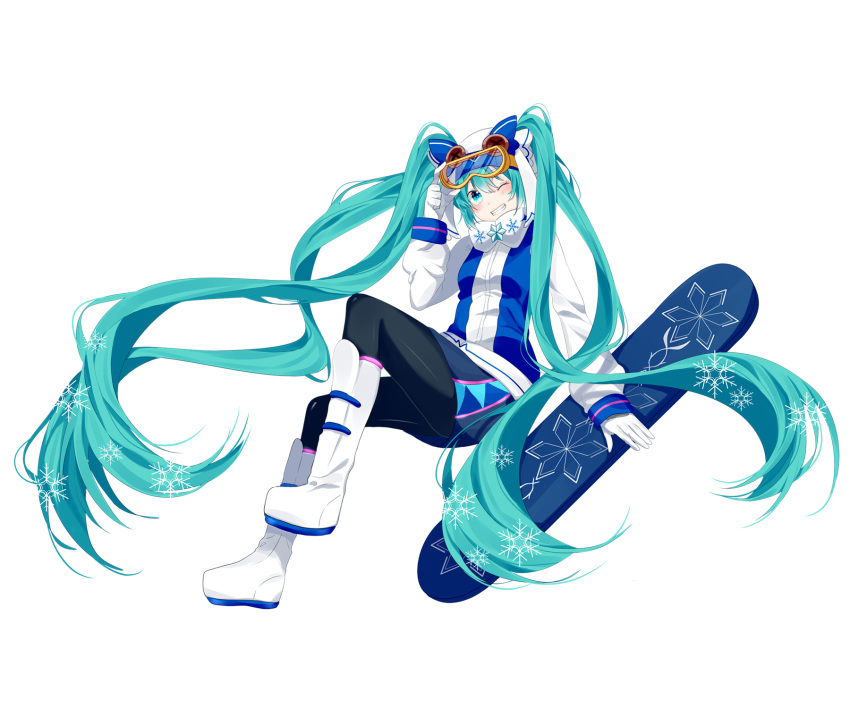 1girl adjusting_goggles aqua_eyes aqua_hair blue_skirt boots full_body gloves grin hat hatsune_miku highres jacket light_blush long_hair looking_at_viewer mizuamemochimochi one_eye_closed owl_ears pantyhose ski_gear ski_goggles skirt smile snowboard snowflake_print solo twintails very_long_hair vocaloid white_background white_footwear white_gloves white_jacket yuki_miku yuki_miku_(2016)