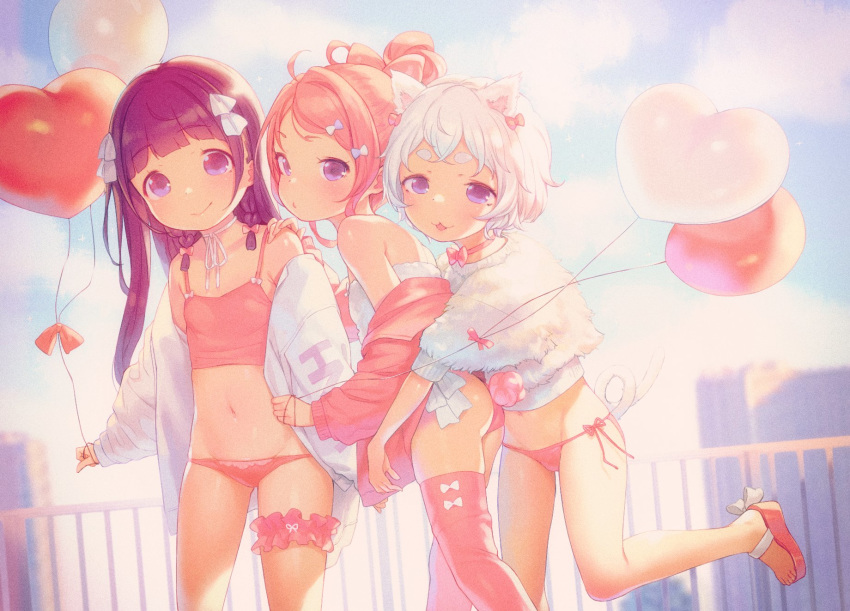 3girls animal_ears ass balloon bangs bare_shoulders bunny_tail cat_ears cat_girl cat_tail closed_mouth crop_top day eyebrows_visible_through_hair groin hair_between_eyes hair_ribbon heart_balloon henreader highres jacket long_hair long_sleeves multiple_girls navel off_shoulder open_clothes open_jacket open_mouth original outdoors panties pink_camisole pink_hair pink_jacket pink_legwear pink_panties ponytail purple_hair railing red_footwear ribbon sandals short_eyebrows side-tie_panties sleeves_past_wrists smile standing standing_on_one_leg sweater tail thick_eyebrows thigh-highs underwear very_long_hair violet_eyes white_hair white_jacket white_ribbon white_sweater