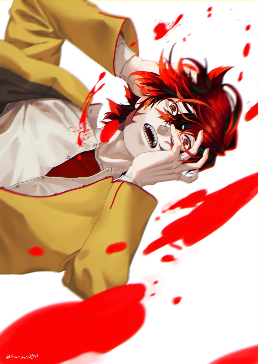 1boy absurdres black_hair blood collarbone hand_on_own_face highres lycan_kafka male_focus multicolored multicolored_hair open_mouth original red_eyes redhead sharp_teeth simple_background solo tears teeth twitter_username