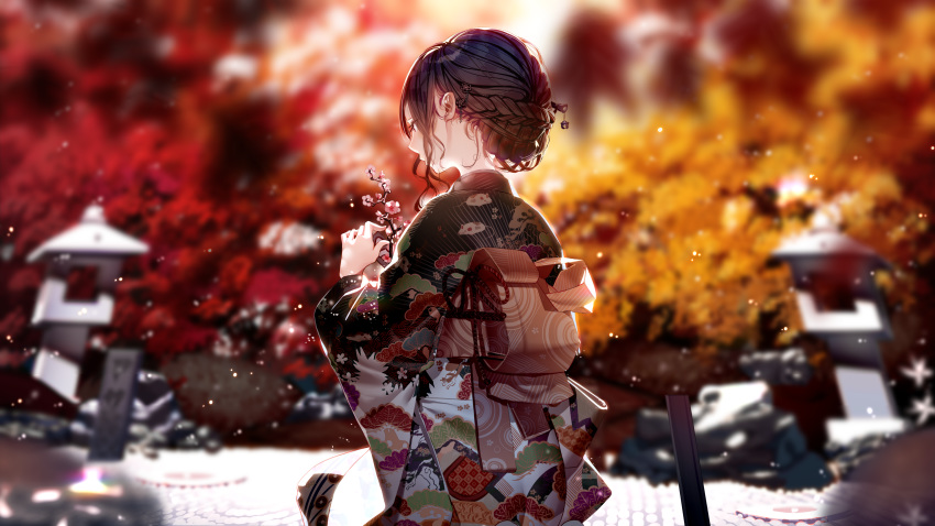 1girl absurdres atha_(leejuiping) black_hair black_kimono floral_print from_behind hair_ornament highres japanese_clothes kimono long_hair obi original print_kimono sash solo yukata