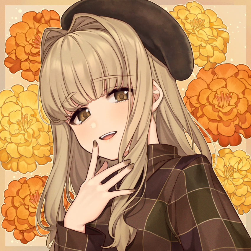 1girl bangs beret black_headwear brown_eyes brown_flower brown_hair brown_jacket brown_nails commentary eyebrows_visible_through_hair flower hair_intakes hand_up hat jacket karokuchitose long_hair long_sleeves marigold nail_polish original parted_lips smile solo upper_body upper_teeth yellow_flower