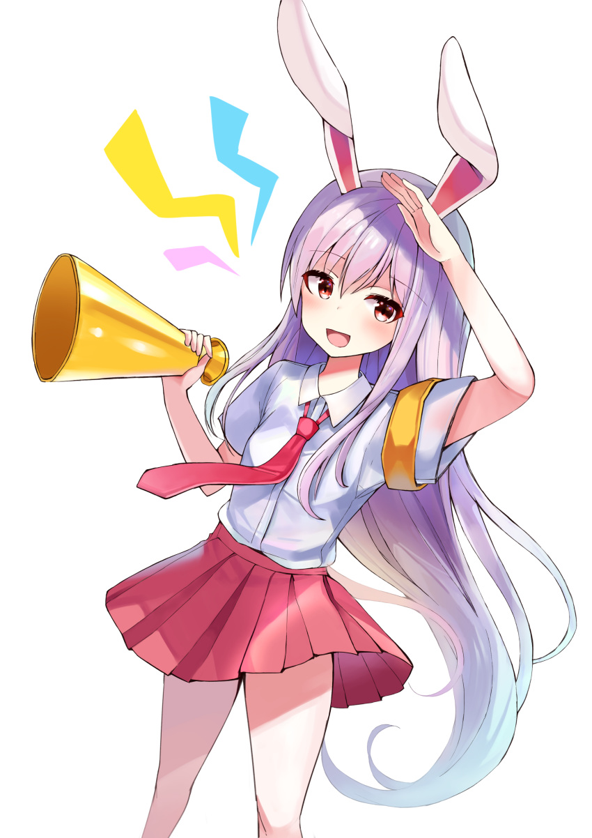 1girl absurdres animal_ears arm_up armband blouse blush cheering eyebrows_visible_through_hair highres holding_megaphone lavender_hair long_hair looking_at_viewer megaphone necktie open_mouth pleated_skirt purple_hair rabbit_ears red_eyes red_neckwear red_skirt reisen_udongein_inaba satori_(pixiv) school_uniform short_sleeves skirt smile solo touhou very_long_hair white_background white_blouse wing_collar