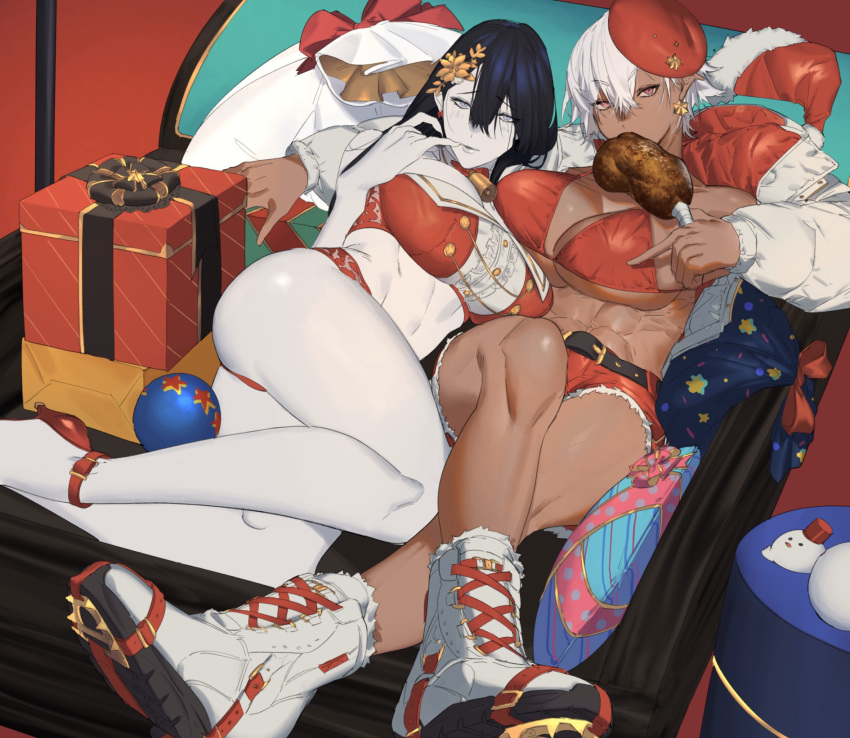 2girls abs ass bare_shoulders belt black_hair blue_eyes bow box breasts christmas crossed_legs dark_skin earrings eyebrows_visible_through_hair fingernails food fur_trim gift gift_box hair_between_eyes hat high_heels highres holding holding_food jacket jewelry kaoruko(unkrk55) long_fingernails long_hair lying meat multiple_girls muscle muscular_female navel original parted_lips pink_eyes pointy_ears red_bow red_footwear red_headwear sack santa_hat sharp_fingernails single_earring white_hair white_jacket white_legwear white_skin