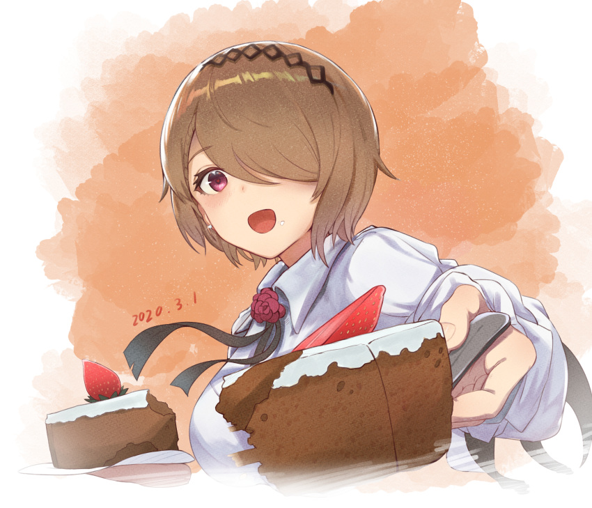 1girl absurdres birthday_cake black_ribbon blush brown_hair cake dated earrings flower food hair_over_one_eye heart heart-shaped_pupils highres honkai_(series) honkai_impact_3rd jewelry mole mole_under_eye open_mouth ribbon rita_rossweisse rose short_hair slice_of_cake solo symbol-shaped_pupils violet_eyes zhourues