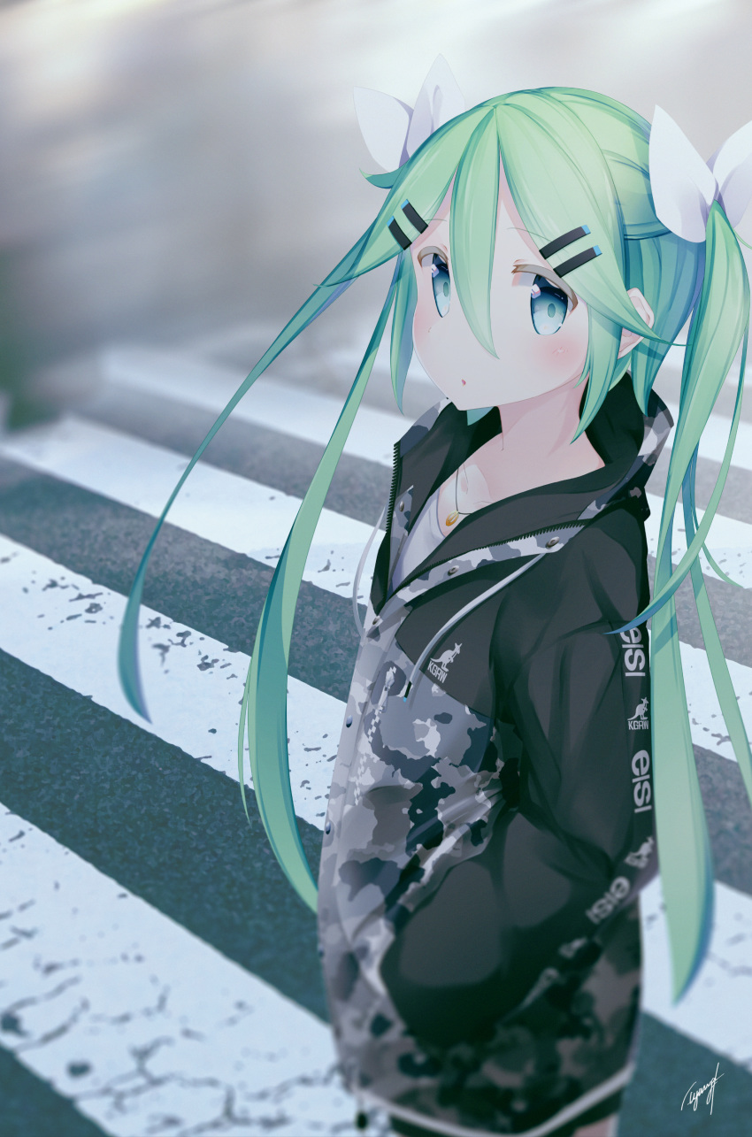 1girl :o absurdres alternate_costume alternate_hairstyle bangs blue_eyes blurry blush camouflage camouflage_jacket clothes_writing crosswalk eyebrows_visible_through_hair green_hair hair_between_eyes hair_ornament hair_ribbon hairclip hand_in_pocket highres iyama_nami jacket jewelry kantai_collection long_hair long_sleeves necklace open_mouth ribbon signature solo twintails yamakaze_(kantai_collection)