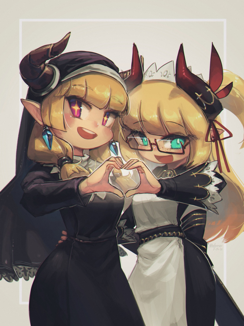 +_+ 2girls :d bangs blonde_hair blunt_bangs borrowed_character commentary crystal_earrings earrings english_commentary eyebrows_visible_through_hair freckles glasses green_eyes habit hand_on_another's_waist heart heart_hands heart_hands_duo highres horns jewelry long_hair long_sleeves looking_at_viewer maid maid_headdress multiple_girls nun open_mouth original pointy_ears porforever red-framed_eyewear red_eyes semi-rimless_eyewear simple_background smile two_side_up under-rim_eyewear