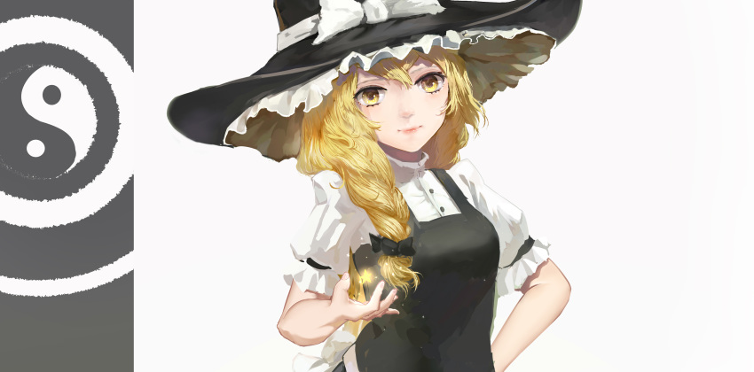 1girl absurdres arm_up bangs black_headwear black_vest blonde_hair braid commentary hand_on_hip hat head_tilt highres kirisame_marisa light_smile lips long_hair looking_at_viewer open_hand puffy_short_sleeves puffy_sleeves shirt short_sleeves simple_background single_braid solo star touhou upper_body very_long_hair vest white_background white_shirt witch_hat y.u yellow_eyes yin_yang