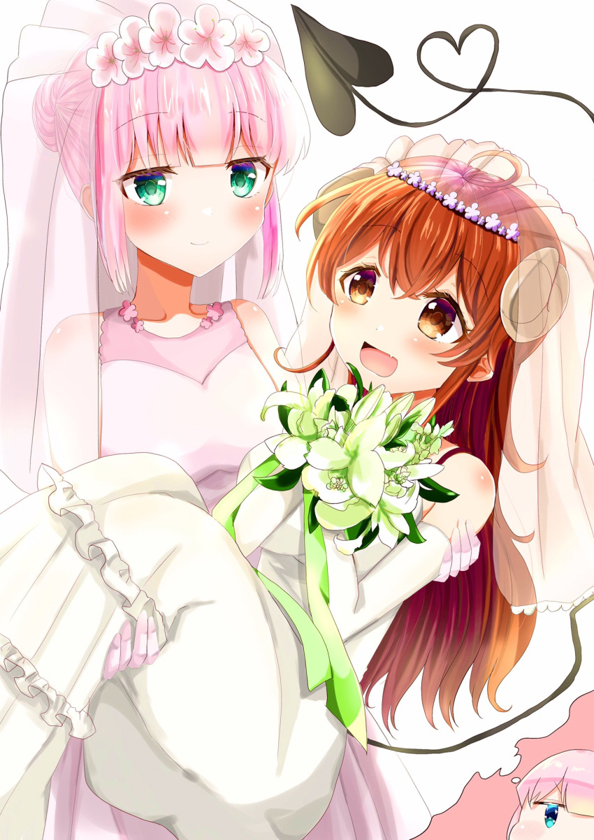 2girls ahoge blush bridal_veil brown_eyes carrying chinami_ura chiyoda_momo commentary demon_girl demon_horns demon_tail dress eye_contact fang flower flower_wreath green_eyes green_flower hair_bun hair_flower hair_ornament heart_tail highres horns imagining long_hair looking_at_another machikado_mazoku medium_hair multiple_girls open_mouth pink_background pink_hair princess_carry redhead simple_background tail veil wedding_dress white_background wife_and_wife yoshida_yuuko_(machikado_mazoku) yuri