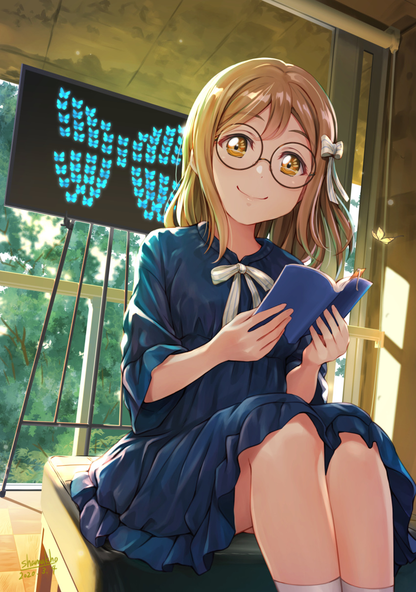 1girl bangs blue_butterfly blue_dress book booklet bookmark bow branch bug butterfly chair dress eyebrows_visible_through_hair glasses hair_bow highres holding holding_book indoors insect kunikida_hanamaru light_brown_hair long_hair looking_at_viewer love_live! love_live!_sunshine!! picture_frame shamakho short_sleeves signature sitting smile solo sunlight sunset tree white_bow white_legwear window yellow_butterfly yellow_eyes