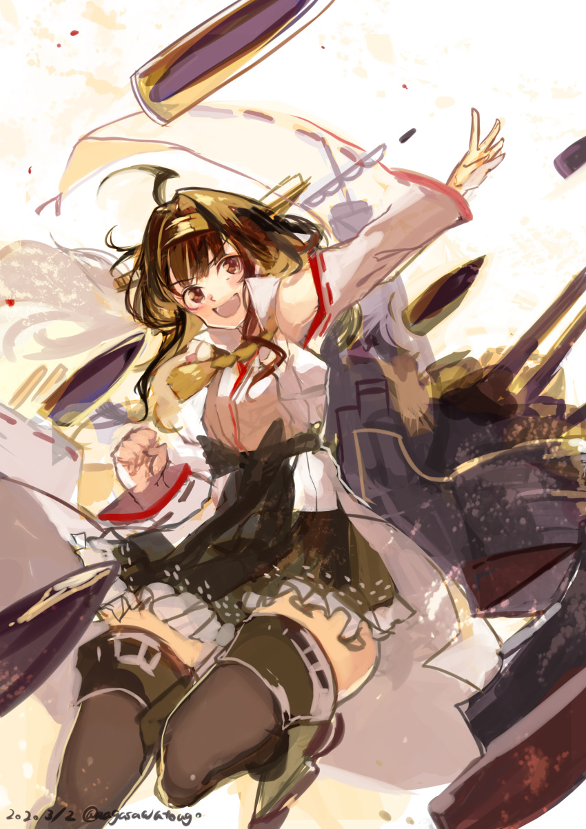 1girl absurdres ahoge bangs breasts brown_eyes brown_hair brown_legwear clenched_hand dated detached_sleeves eyebrows_visible_through_hair frilled_skirt frills hairband headgear highres japanese_clothes kantai_collection kongou_(kantai_collection) long_hair long_sleeves nagasawa_tougo nontraditional_miko open_mouth ribbon-trimmed_sleeves ribbon_trim rigging skirt solo thigh-highs twitter_username