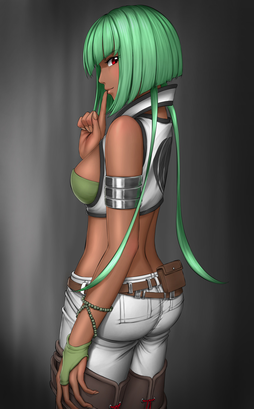 1girl absurdres arm_at_side armband ass bangs beef13jerky blunt_bangs cowboy_shot emerald_sustrai finger_to_mouth fingernails from_side green_hair highres long_fingernails looking_at_viewer pants red_eyes rwby short_hair shushing smirk solo tan