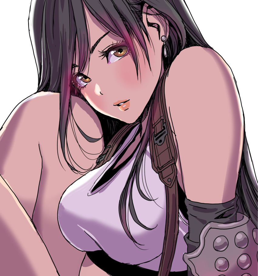 1girl absurdres armor bangs bare_shoulders black_hair blush breasts brown_eyes commentary_request earrings elbow_pads final_fantasy final_fantasy_vii final_fantasy_vii_remake gradient gradient_hair highres jewelry lips long_hair looking_at_viewer medium_breasts multicolored_hair parted_lips shiny shiny_hair simple_background solo suspenders tank_top tifa_lockhart white_tank_top yamashita_shun'ya