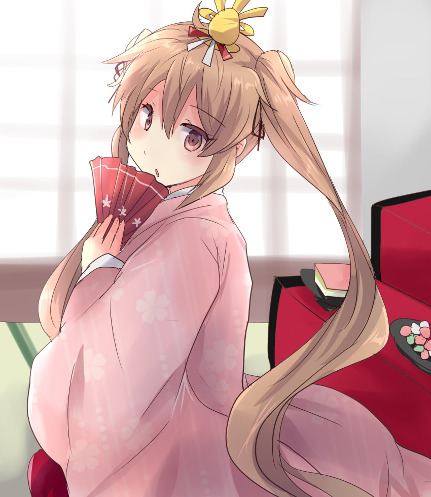 1girl :o bangs blonde_hair commentary_request eyebrows_visible_through_hair fan folding_fan hair_between_eyes hair_ribbon headwear highres hirune_(konekonelkk) indoors japanese_clothes kantai_collection kimono long_hair long_sleeves looking_at_viewer looking_to_the_side murasame_(kantai_collection) orange_eyes pink_kimono ribbon sidelocks solo twintails