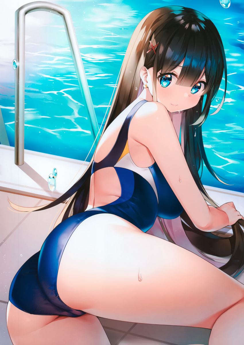 1girl absurdres ass ayamy bangs black_hair blue_eyes closed_mouth day earrings highres jewelry long_hair looking_at_viewer looking_back one-piece_swimsuit original outdoors pool pool_ladder poolside scan shiny shiny_hair shiny_skin simple_background swimsuit thighs water water_drop