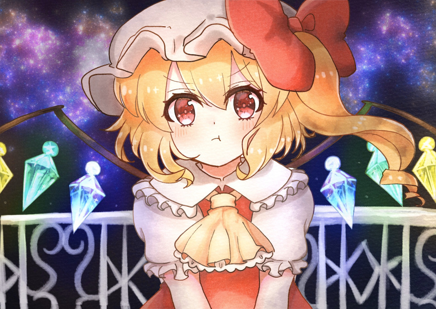 1girl annoyed ascot blonde_hair blush bow crystal eyebrows_visible_through_hair fangs flandre_scarlet frilled_shirt frilled_shirt_collar frilled_sleeves frills hat hat_ribbon highres medium_hair mob_cap one_side_up puffy_short_sleeves puffy_sleeves red_bow red_eyes red_ribbon red_skirt red_vest ribbon shigure shirt short_sleeves side_ponytail skirt touhou upper_body vest white_shirt wings yellow_neckwear