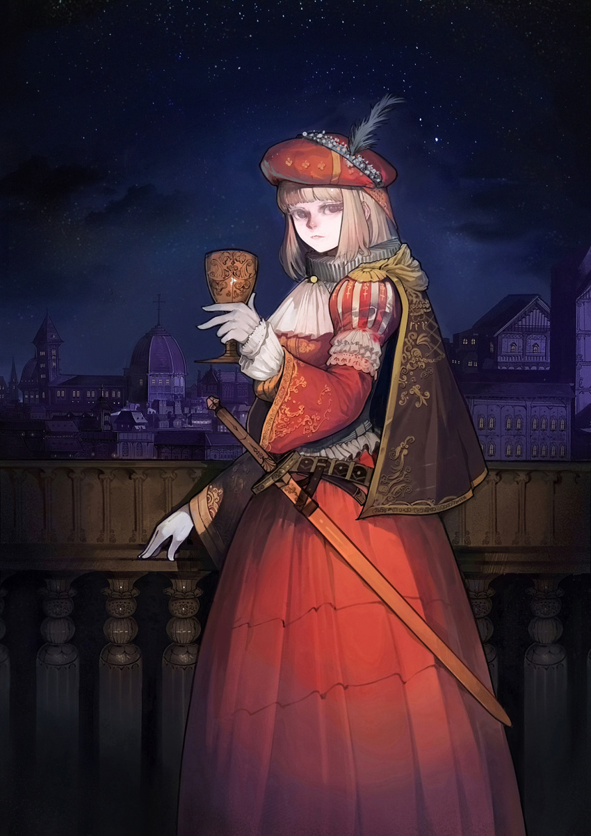 1girl balcony bangs belt beret blonde_hair blunt_bangs capelet cityscape cup dress ears embroidery gloves hat hat_feather highres holding holding_cup juliet_sleeves long_sleeves looking_at_viewer neck_ruff night night_sky original outdoors panda8581 puffy_sleeves red_dress red_headwear scabbard sheath sheathed sky solo standing star_(sky) sword weapon white_gloves wide_sleeves