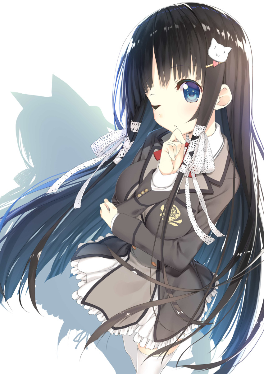 1girl absurdres aihara_soyogi aihara_soyogi_no_nayamigoto animal_ears bangs black_hair blue_eyes blush breasts cat_ears cat_hair_ornament different_shadow emblem eyebrows_visible_through_hair finger_to_chin frilled_skirt frills hair_ornament hair_ribbon hairclip hand_on_own_elbow hand_up heart heart_hair_ornament highres kagome_(traumatize) lace_ribbon large_breasts long_hair long_sleeves looking_at_viewer novel_illustration official_art one_eye_closed parted_lips ribbon school_uniform shadow shiny shiny_hair sidelocks simple_background skirt solo standing straight_hair thigh-highs very_long_hair white_background white_legwear white_ribbon white_skirt zettai_ryouiki