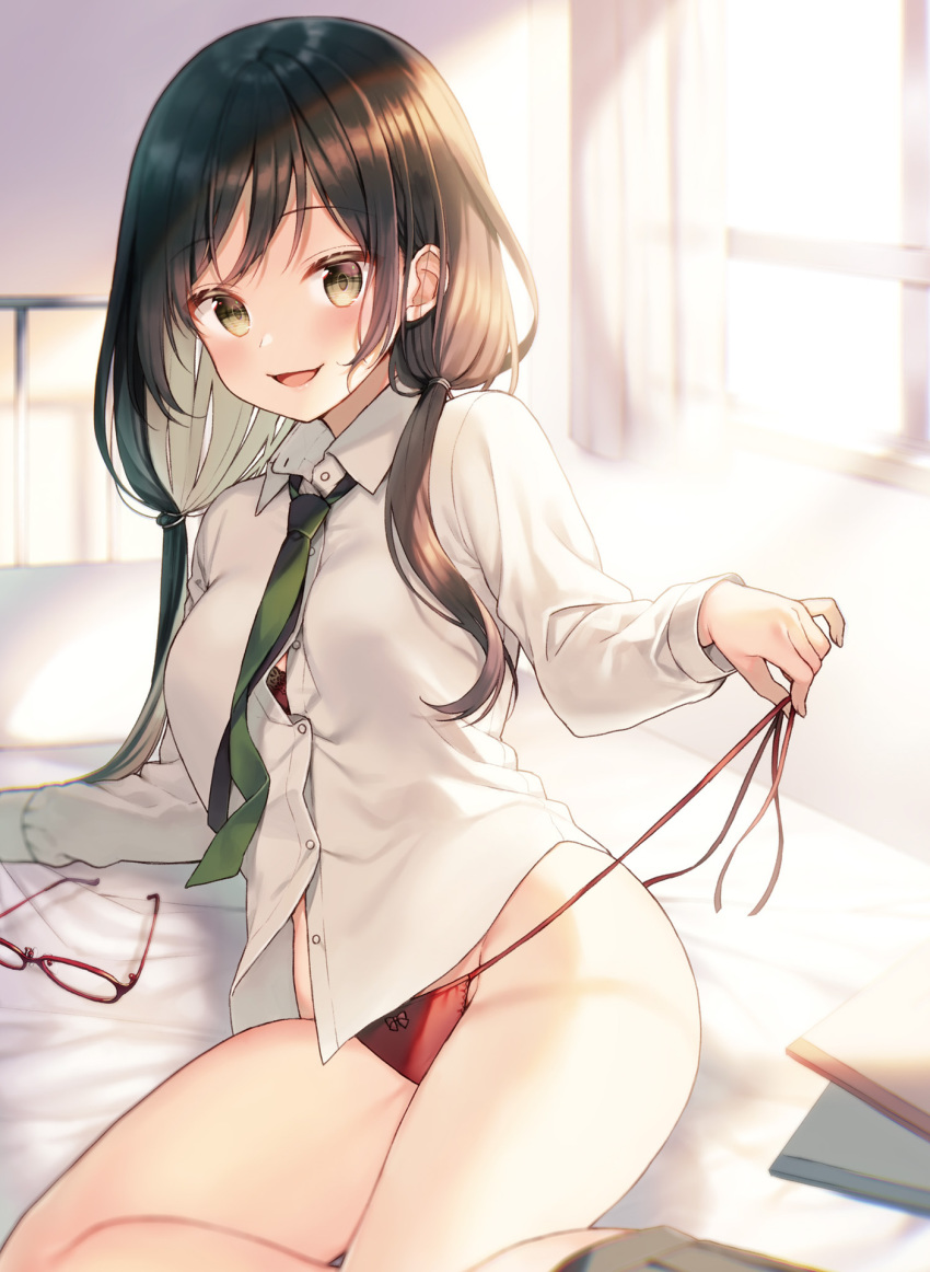 1girl :d arm_at_side arm_support bangs bed bed_sheet blush bow bow_panties bra breasts collared_shirt curtains dengeki_moeou dress_shirt eyebrows_visible_through_hair eyewear_removed glasses hair_tie highres indoors lace lace-trimmed_bra long_hair long_sleeves looking_at_viewer low_twintails midorikawa_you miniskirt notebook on_bed open_mouth original panties pillow pleated_skirt red-framed_eyewear red_bow red_bra red_panties shirt side-tie_panties sidelocks sitting skirt skirt_removed small_breasts smile solo string_panties swept_bangs twintails underwear untied untied_panties untying white_shirt wing_collar yokozuwari