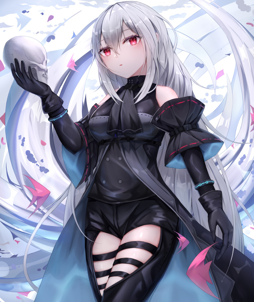 1girl absurdres arknights ascot bangs bare_shoulders black_gloves black_neckwear black_pants blush breasts coat cowboy_shot eyebrows_visible_through_hair gloves grey_coat hair_between_eyes head_tilt highres holding holding_skull linz_(linzimmm) long_hair looking_at_viewer medium_breasts no_hat no_headwear pants red_eyes silver_hair skadi_(arknights) skull solo standing thighs very_long_hair