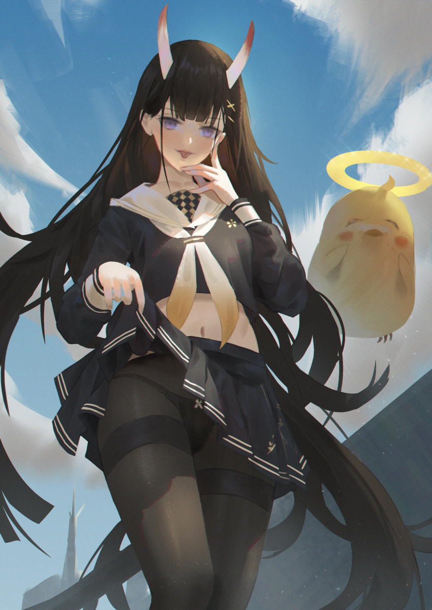 1girl absurdres azur_lane bangs black_hair black_legwear black_panties black_skirt blue_sky bow bow_panties chromatic_aberration cirilla clouds collarbone commentary cowboy_shot day dutch_angle eyebrows_visible_through_hair from_below hair_ornament halo highres horns lifted_by_self long_hair long_sleeves looking_at_viewer manjuu_(azur_lane) midriff navel neckerchief noshiro_(azur_lane) oni_horns outdoors panties pantyhose pantyshot pantyshot_(standing) pleated_skirt sailor_collar school_uniform serafuku skin-covered_horns skirt skirt_lift sky solo standing thighband_pantyhose tongue tongue_out underwear very_long_hair violet_eyes white_neckwear white_sailor_collar x_hair_ornament