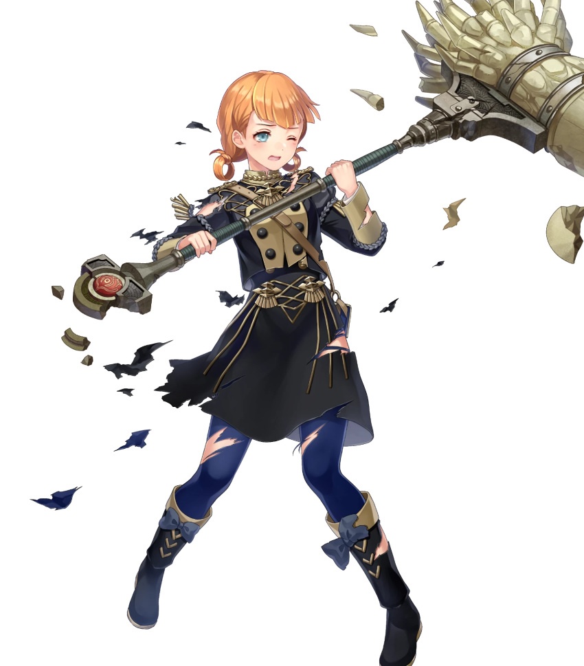 1girl annette_fantine_dominic bag blue_eyes blush boots bow epaulettes fire_emblem fire_emblem:_three_houses fire_emblem_heroes full_body garreg_mach_monastery_uniform hammer highres official_art one_eye_closed open_mouth orange_hair solo thigh-highs torn_clothes transparent_background twintails