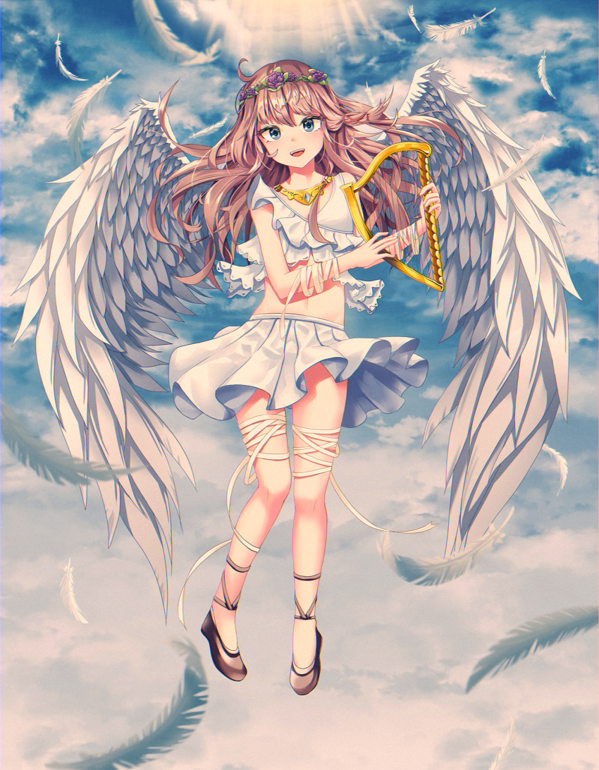 1girl bangs bare_arms bare_shoulders black_footwear brown_hair clouds commentary copyright_request feathered_wings feathers flying highres holding long_hair looking_at_viewer nankam shoes skirt solo white_skirt white_wings wings