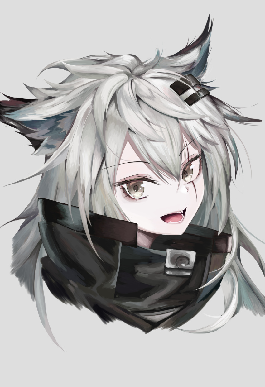 1girl :d absurdres animal_ears arknights bangs commentary_request eyebrows_visible_through_hair grey_background grey_eyes hair_between_eyes hair_ornament hairclip high_collar highres lappland_(arknights) lechiennoir long_hair looking_at_viewer messy_hair open_mouth partial_commentary portrait scar scar_across_eye silver_hair simple_background smile solo wolf_ears