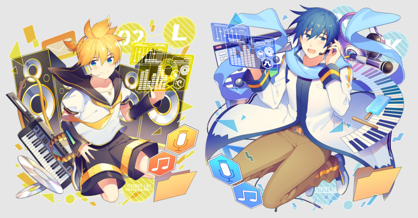 2boys bangs bass_clef beamed_eighth_notes belt black_collar black_shorts black_sleeves blonde_hair blue_eyes blue_hair blue_nails blue_scarf bow brown_pants cd coat collar commentary_request detached_sleeves envelope folder full_body hair_bow hand_on_ear hands_up headphones headset holographic_interface ice_cream_bar instrument kagamine_len kaito keyboard_(instrument) keytar light_blush looking_at_viewer male_focus microphone microphone_symbol multiple_boys musical_note nail_polish necktie open_mouth pants popsicle_stick sailor_collar scarf school_uniform seiza shirt short_ponytail short_sleeves shorts sinaooo sitting smile speaker swept_bangs vocaloid white_bow white_coat white_shirt window_(computing) yellow_nails yellow_neckwear
