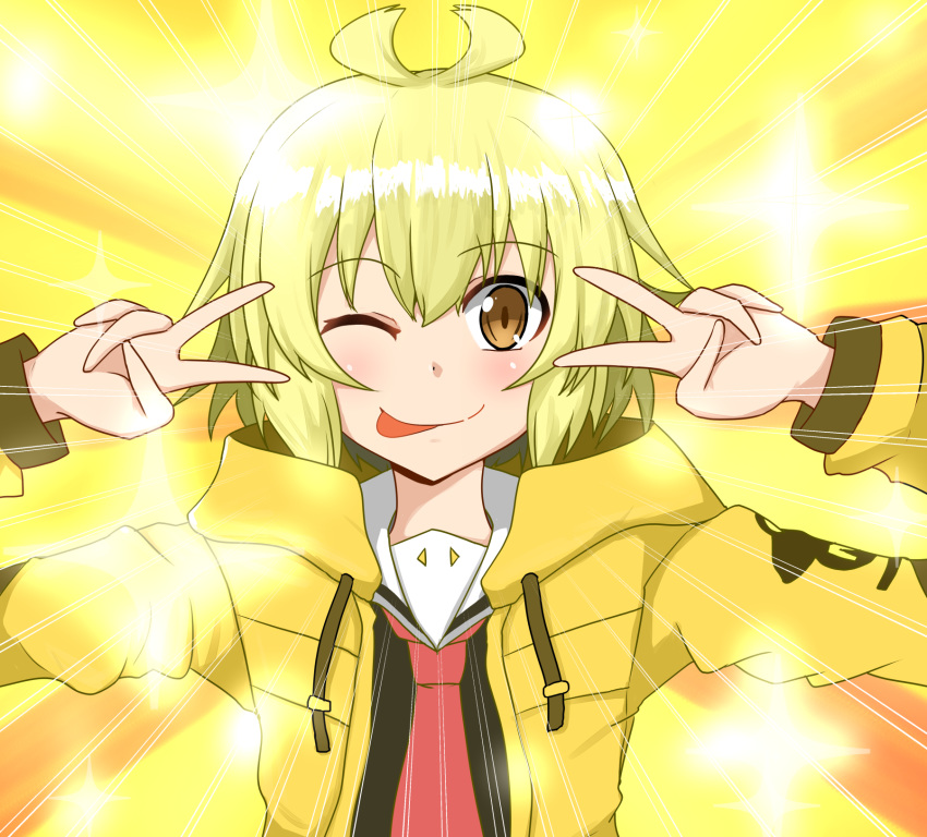 1girl ;p argo_the_rat bangs black_serafuku blonde_hair commentary_request cowlick double_v emotional_engine_-_full_drive emphasis_lines eyebrows_visible_through_hair hair_between_eyes hands_up highres hood hood_down hooded_jacket jacket long_sleeves looking_at_viewer necktie one_eye_closed parody red_neckwear sailor_collar school_uniform serafuku shiny shiny_hair short_hair sidelocks smile solo sparkle sword_art_online syaria tongue tongue_out upper_body v v_over_eye white_sailor_collar yellow_background yellow_eyes yellow_jacket