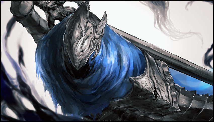 1boy absurdres armor artorias_the_abysswalker blue_cape cape covered_face dark_souls densen_(itoguchi) full_armor helmet highres knight male_focus pauldrons solo souls_(from_software) sword sword_behind_back weapon zweihander