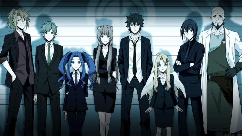 3girls 5boys akikan_ooo amaki_ren angel_wings animal_ears bald bangs black_hair black_neckwear black_pants black_shirt blonde_hair blue_eyes blue_hair blue_neckwear brown_eyes brown_hair business_suit cosplay crossover eyebrows_visible_through_hair facial_hair feathered_wings firo_(tate_no_yuusha_no_nariagari) formal green_eyes green_neckwear iwatani_naofumi jacket kawasumi_itsuki kitamura_motoyasu labcoat long_hair looking_at_viewer melty_q_melromarc multiple_boys multiple_girls necktie pant_suit pants parted_bangs pencil_skirt psycho-pass raccoon_ears raccoon_girl raphtalia red_shirt shirt short_hair skirt skirt_suit smile suit tate_no_yuusha_no_nariagari twintails white_shirt white_wings wings