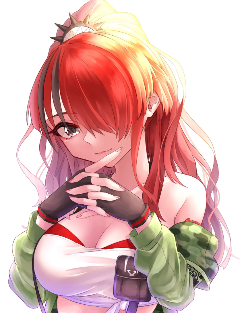 1girl bandeau bangs bare_shoulders black_gloves black_hair breasts collarbone commentary_request fingerless_gloves gloves green_jacket grey_eyes hair_over_one_eye hands_up head_tilt highres interlocked_fingers jacket lain_paterson large_breasts long_hair long_sleeves looking_at_viewer multicolored_hair nejiha nijisanji off_shoulder open_clothes open_jacket own_hands_together ponytail pouch redhead simple_background smile solo strapless streaked_hair suspenders tube_top upper_body white_background