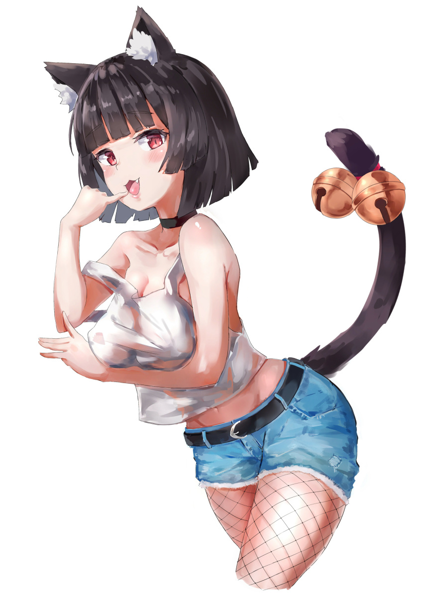 1girl absurdres alternate_costume animal_ears azur_lane bell black_hair blush breasts cat_ears eyebrows_visible_through_hair highres jingle_bell large_breasts looking_at_viewer nukenen open_mouth red_eyes shirt short_hair short_shorts shorts simple_background sleeveless sleeveless_shirt solo white_background white_shirt yamashiro_(azur_lane)