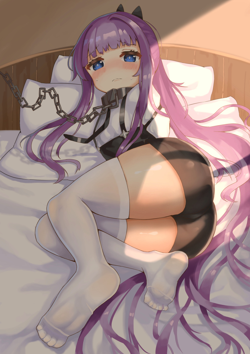 1girl absurdres ass azur_lane bedroom black_shorts blue_eyes blush bound bound_arms chain collar eyebrows_visible_through_hair hair_ribbon highres long_hair looking_at_viewer lying on_side open_mouth pantyhose ponytail purple_hair ribbon shirt short_shorts shorts solo suspender_shorts suspenders tashkent_(azur_lane) tashkent_(the_bound_cruiser)_(azur_lane) thigh-highs white_legwear white_shirt yuetsu