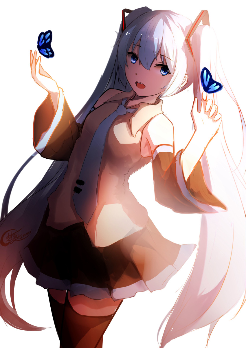 1girl absurdres aqua_neckwear bare_shoulders black_legwear black_skirt black_sleeves bloom blue_butterfly blue_eyes blue_hair bug butterfly butterfly_on_finger chinese_commentary commentary detached_sleeves grey_shirt hair_ornament hands_up hatsune_miku headset highres insect long_hair looking_to_the_side necktie open_mouth shimmer shirt sidelighting skirt sleeveless sleeveless_shirt thigh-highs twintails very_long_hair vocaloid zettai_ryouiki
