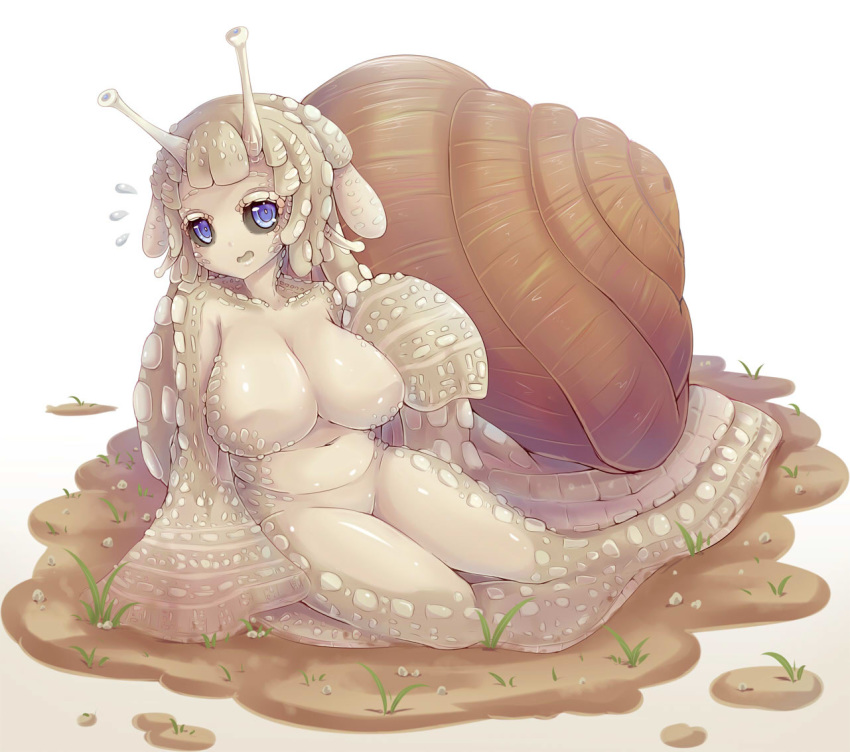 1girl antennae black_sclera breasts bright_pupils dunceneygak flying_sweatdrops grass grey_skin large_breasts looking_at_viewer medium_hair monster_girl navel no_nipples original parted_lips shell simple_background sitting snail snail_girl solo violet_eyes white_background