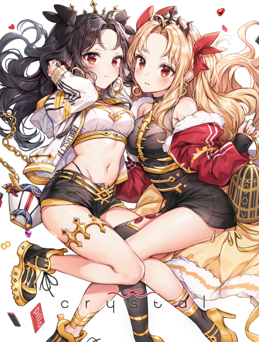 2girls absurdres ahoge anklet arm_up bangs bare_shoulders belt black_bow black_dress black_hair black_legwear black_shorts blonde_hair bow breasts closed_mouth crop_top dress earrings ereshkigal_(fate/grand_order) fate/grand_order fate_(series) floating_hair fur_trim gold_trim groin hair_bow highleg highres hoop_earrings ishtar_(fate)_(all) ishtar_(fate/grand_order) jacket jewelry large_breasts long_hair looking_at_viewer midriff mismatched_legwear multiple_girls navel off_shoulder open_clothes open_jacket parted_bangs parted_lips pillo red_bow red_eyes red_jacket shirt shoes short_shorts shorts single_thighhigh sleeveless sleeveless_dress sleeveless_turtleneck sneakers socks stomach thigh-highs thighs tiara turtleneck turtleneck_dress white_background white_jacket white_shirt
