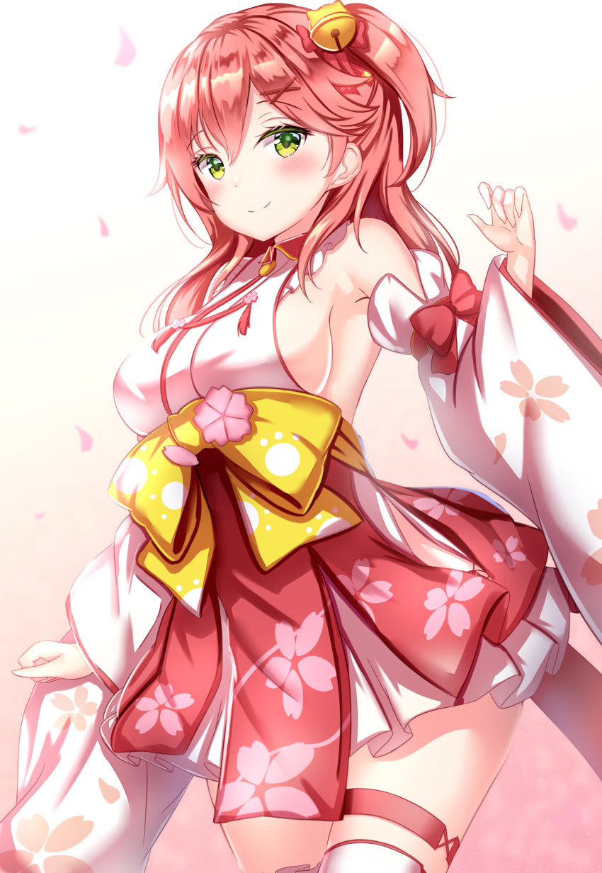 1girl bare_shoulders bell blush breasts cherry_blossom_print closed_mouth detached_sleeves floral_print green_eyes hair_bell hair_between_eyes hair_ornament hair_over_shoulder hairclip highres hololive long_hair nontraditional_miko parted_lips petals pink_hair sakura_miko sideboob smile solo virtual_youtuber yuano