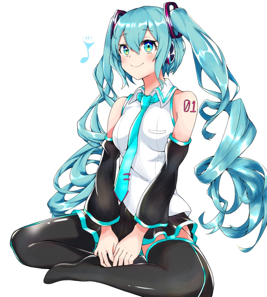 1girl aqua_eyes aqua_hair aqua_neckwear bare_shoulders black_legwear black_skirt black_sleeves commentary detached_sleeves eighth_note full_body hair_ornament hands_on_own_feet hatsune_miku headphones highres indian_style koba_cha long_hair looking_up musical_note necktie shirt shoulder_tattoo sitting skirt sleeveless sleeveless_shirt smile solo tattoo thigh-highs twintails very_long_hair vocaloid white_background white_shirt zettai_ryouiki