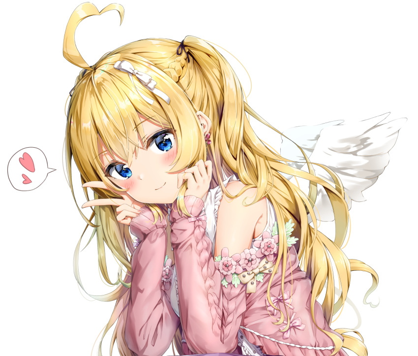 1girl ahoge aogiri_koukou_game_club bangs bare_shoulders black_ribbon blonde_hair blue_eyes blush bow braid closed_mouth commentary_request dress eyebrows_visible_through_hair feathered_wings hair_between_eyes hair_bow hair_ribbon hands_up heart highres jacket kuria_(clear_trip_second) long_hair long_sleeves minazuki_natsuki nail_polish off_shoulder open_clothes open_jacket pink_jacket pink_nails ribbon simple_background sleeveless sleeveless_dress sleeves_past_wrists smile solo spoken_heart two_side_up v very_long_hair virtual_youtuber white_background white_bow white_dress white_wings wings