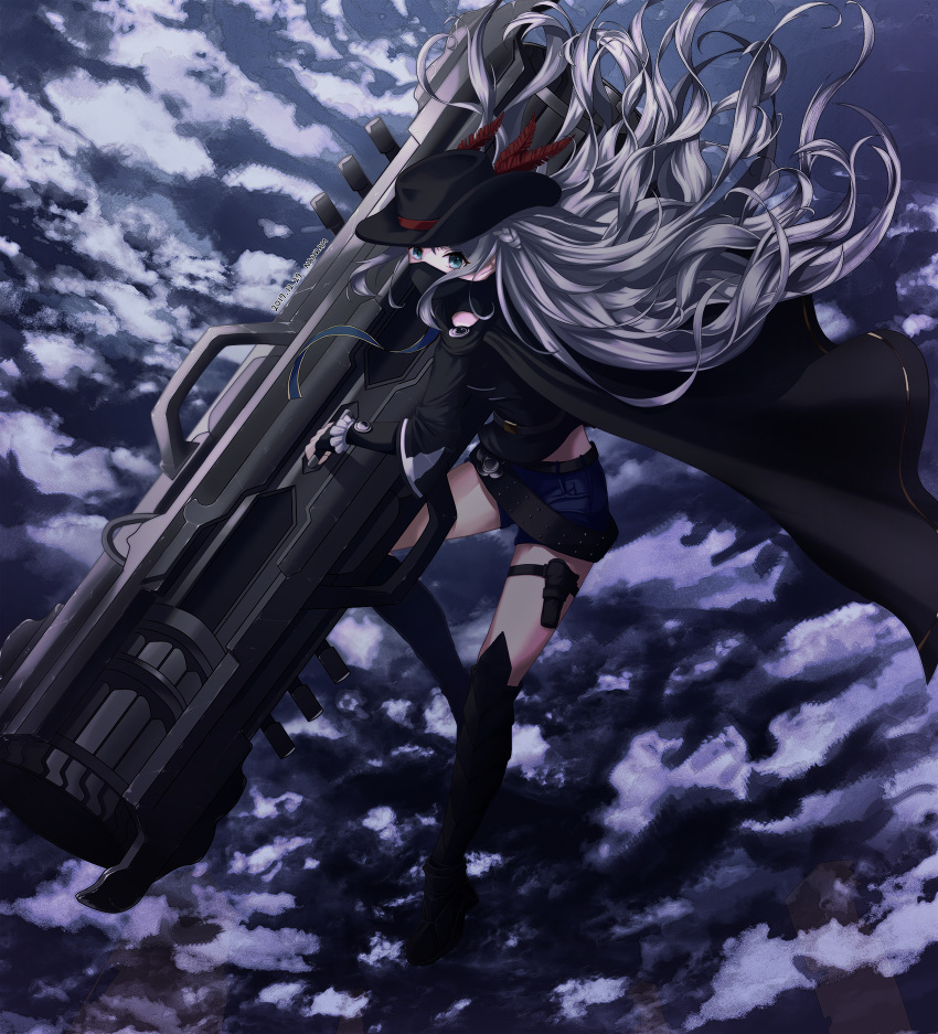 1girl bangs black_cape black_headwear black_legwear boots cape clouds commentary_request dungeon_and_fighter highres holding holding_weapon long_hair mask mouth_mask nankam red_ribbon ribbon short_shorts shorts solo thigh-highs thigh_boots wavy_hair weapon